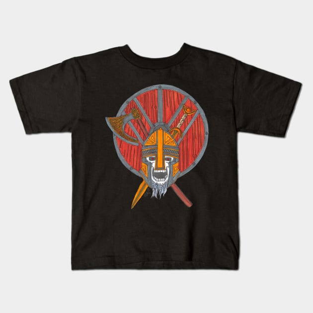 Viking Skull with Shield and Weapons Kids T-Shirt by Joseph Baker